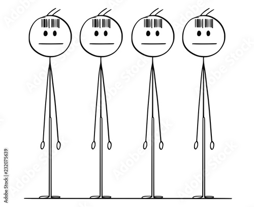 Cartoon stick drawing conceptual illustration of group of identical men or clones with bar code on the forehead.