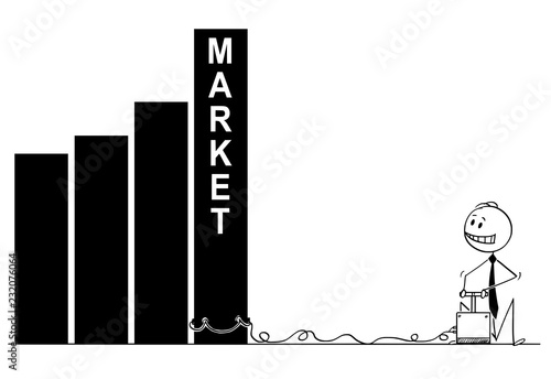 Cartoon stick man drawing conceptual illustration of businessman using explosives and detonator to destroy market with explosion. Business concept of