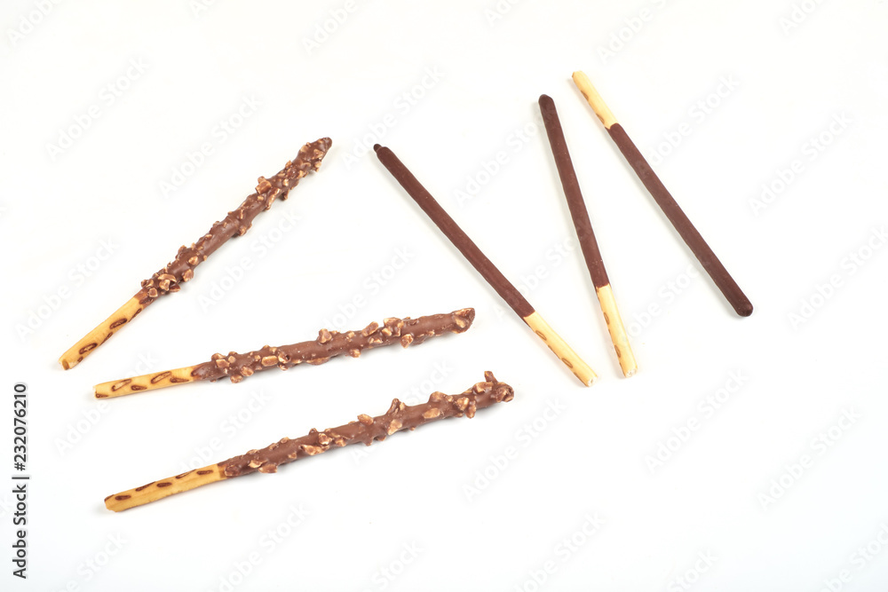 set of chocolate biscuit stick on white background. set of chocolate biscuit stick on white background.