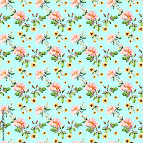 Watercolor meadow herbs and flowers seamless pattern