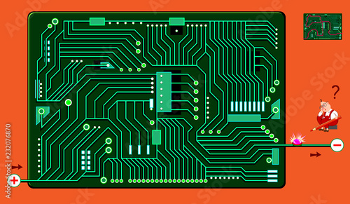 Logic puzzle game with labyrinth for children and adults. Help the scientist find a path for the electromagnetic waves on the electronic board and turn on the light. Draw the line. Vector cartoon imag