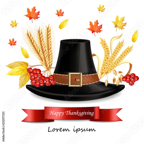 Thanksgiving card with traditional hat Vector realistic. 3d detailed illustra...