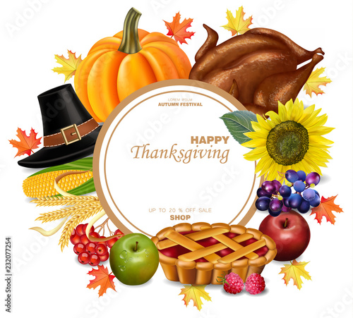 Thanksgiving set Vector realistic. Turkey and autumn harvest 3d detailed illustrations