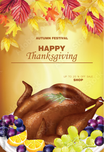 Happy thanksgiving turkey menu Vector realistic. Autumn fall 3d detailed symb...