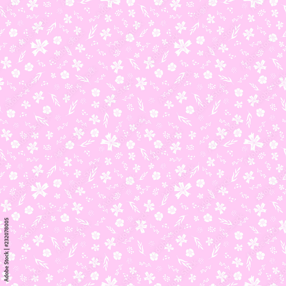 Seamless non directional floral pattern in pale magenta pink and white.