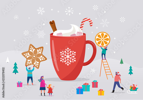 Merry Christmas, winter scene with a big cocoa mug and small people, young men and women, families having fun in snow, skiing, snowboarding, sledding, ice skating