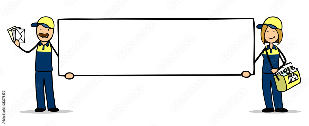 Briefträger und Zustellerin der Post halten Banner Briefträger und Zustellerin der Post halten Banner