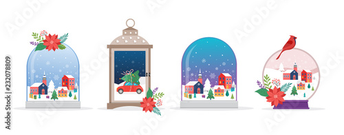 Merry Christmas, Winter wonderland scenes in collection of snow globes, concept vector illustration