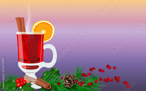 Hot Mulled wine with spices, cinnamon cloves slice of orange fruits isolated