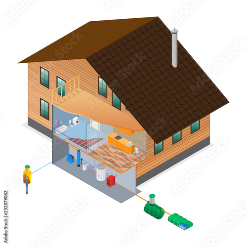 Scheme of water supply and heating two-story house