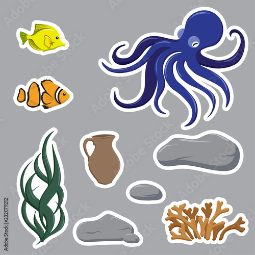Set of sea objects with algae, octopus, jugs, fish and stones - with white stroke on a gray background. Hand Drawn Vector