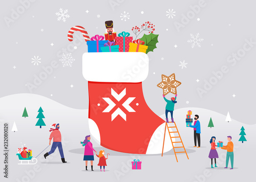 Merry Christmas, winter scene with a big red sock with gift boxes and small people, young men and women, families having fun in snow, skiing, snowboarding, sledding, ice skating