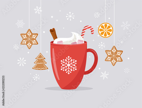 Merry Christmas, winter scene with a big cocoa mug and homemade gingerbread, vector concept illustration