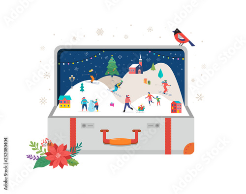 Merry Christmas, Big open suitcase with winter scene and small people, young men and women, families having fun in snow, skiing, snowboarding, sledding, ice skating. Concept vector illustration