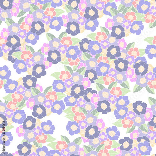 Seamless floral pattern in palette of faded blue, pink, violet, red, green and white.