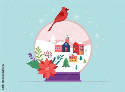 Merry Christmas, Winter wonderland scenes in a snow globe, concept vector illustration