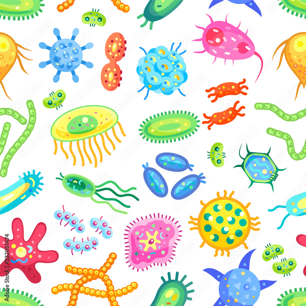 Naklejka premium Microscopic Bacteria Seamless Pattern on White
