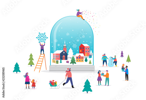 Merry Christmas, Winter wonderland scene in a snow globe with small people, young men and women, families having fun in snow, skiing, snowboarding, sledding, ice skating, concept vector illustration