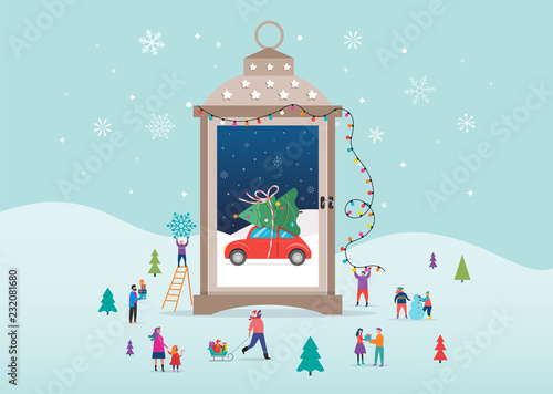 Merry Christmas, Winter wonderland scenes in s snow globe, candle lantern, concept vector illustration