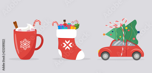 Merry Christmas background, banner with Xmas icons - car, sock and cocoa mug