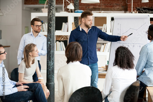 Millennial male mentor or coach make flipchart presentation to diverse colleagues at meeting, employee present business strategy on whiteboard to coworkers, man worker explaining plan during briefing