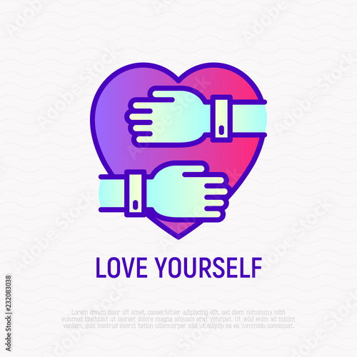 Love yourself thin line icon: hands hug heart. Modern vector illustration of selfcare and self acceptance.