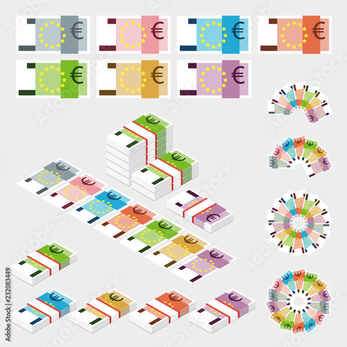 Set of money isolated on light background. Euro banknotes packed in bundles. Flat style.