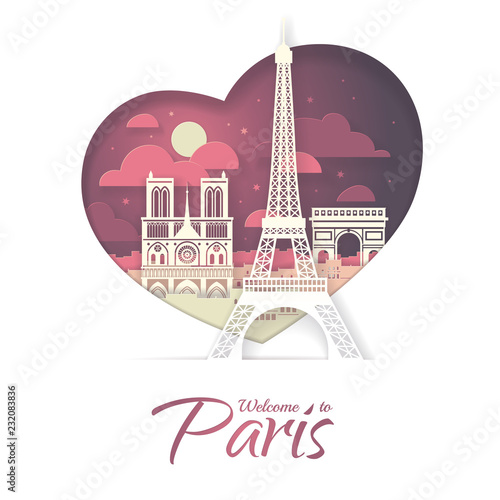 France. Paris with the symbols of the city - Eiffel Tower, Triumphal Arch, Notre Dame Cathedral. Papercut style poster.
