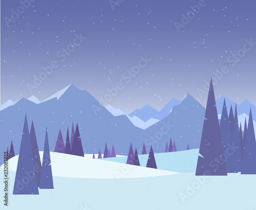 Winter forest and merry christmas illustration. Christmas snow nature background. Snowfall and mountains on background. Sky with snow. Forest of fir-trees. Calm, winter scene.