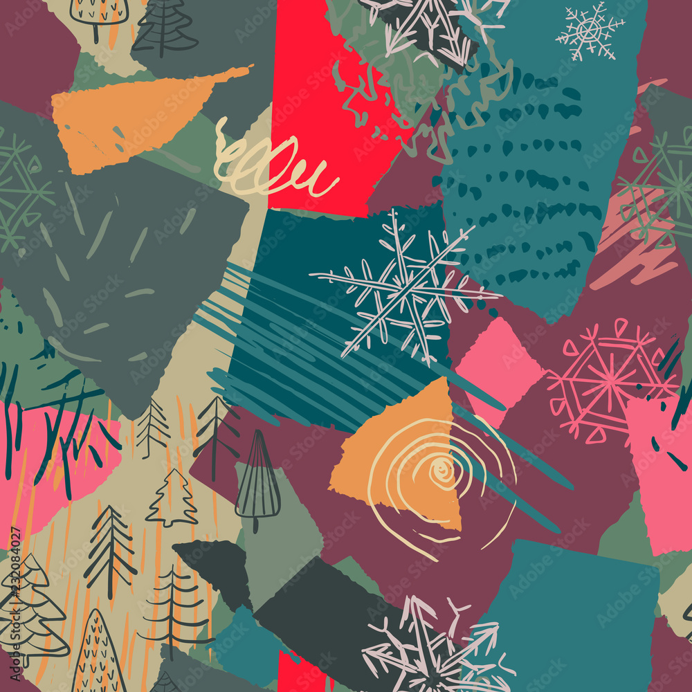 Vector Christmas seamless pattern with colorful abstract collage texture and holiday elements