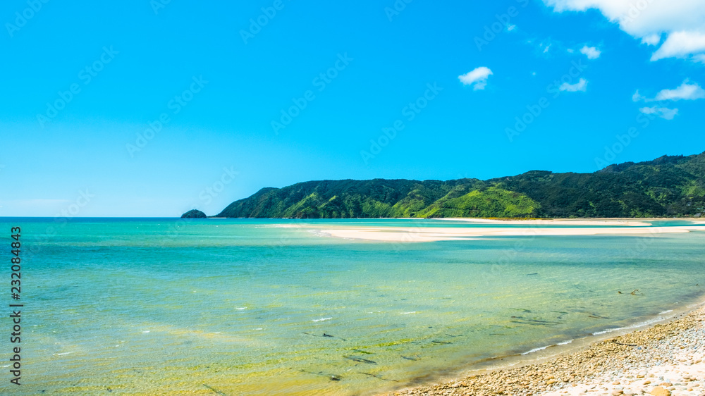 A beautiful beach along the coastline in Abel Tasman National Park, South Island, New Zealand.