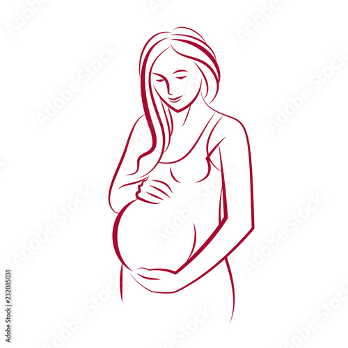 Attractive pregnant woman body silhouette drawing. Vector illustration of mother-to-be fondles her belly. Happiness and caress concept.