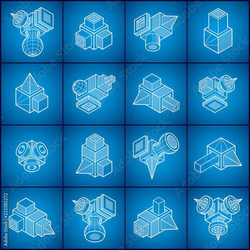 Abstract vectors, 3D shapes set.