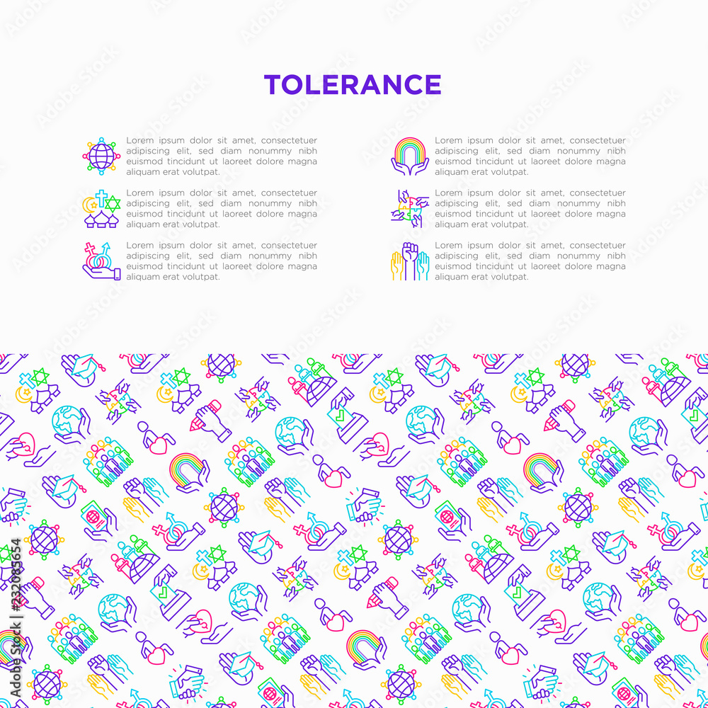 Tolerance concept with thin line icons: gender, racial, religious, sexual orientation, interclass, disability, respect, self-expression, human rights, democracy. Vector illustration for print media.