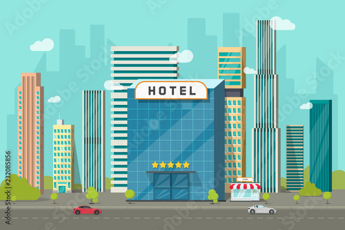 Hotel vector in city view illustration, flat cartoon hotel building on street road and big skyscraper town landscape, font view cityscape panorama clipart