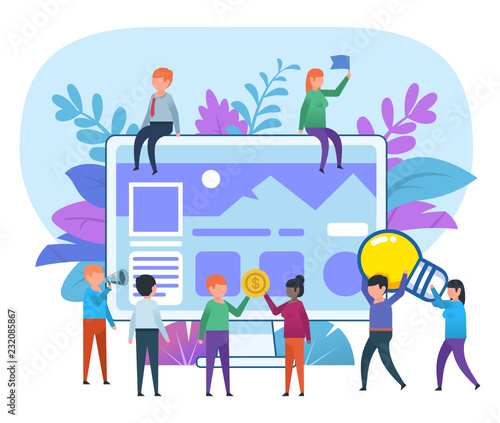 Small people working around big screen with website. Web application creation process, team. Flat design vector illustration