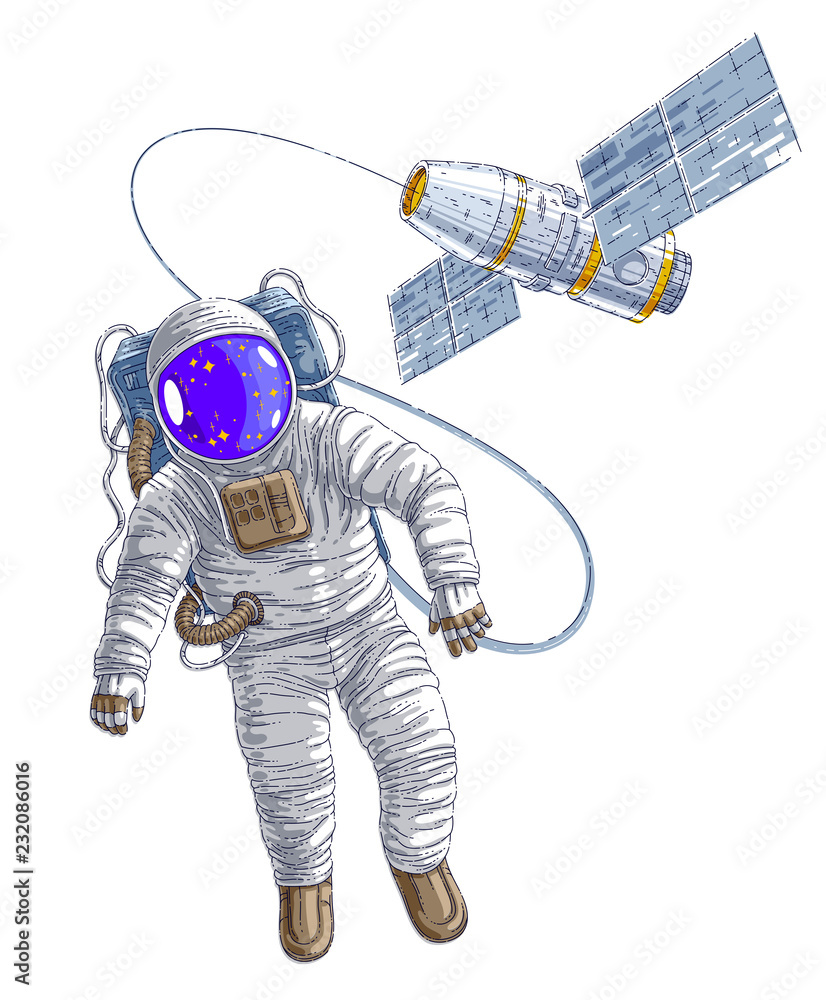 Astronaut in spacesuit floating in weightlessness, spaceman in open space  realistic vector illustration isolated over white background. Stock Vector