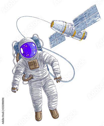 Astronaut went out into open space connected to space station, spaceman floating in weightlessness and iss spacecraft with solar panels behind him. Vector illustration isolated over white.