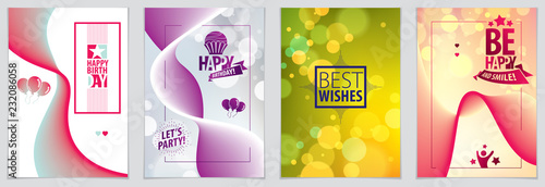 Birthday greeting card vector design. Includes lettering composition and balloons combined with wavy fluid colorful shape abstract backgrounds collection.
