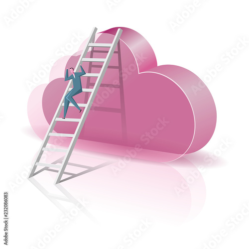 Cloud computing concept design.A businessman climbs from the ladder.  Isolated on white background.