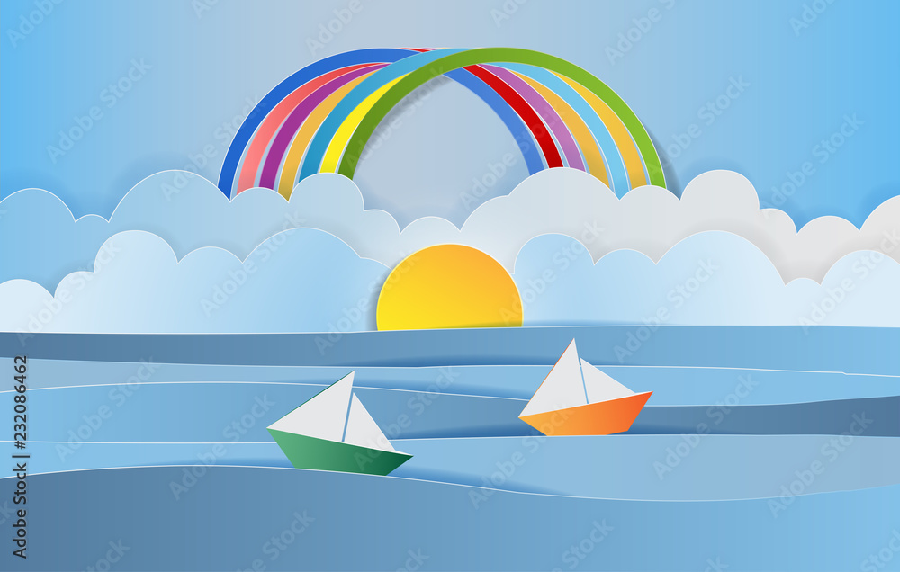 Sea and sky with rainbow, Sailing boat, Paper art style. Vector illustration