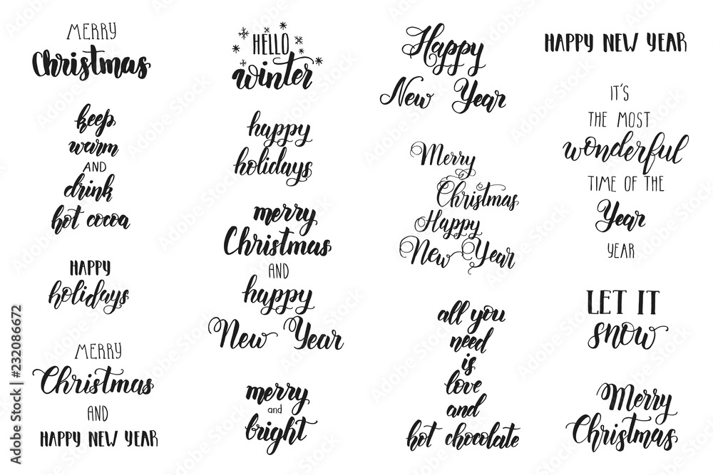 Hand made Set of lettering Xmas phrase. Merry Christmas and Happy New Year. Festive lettering phrase on white. 2019.  