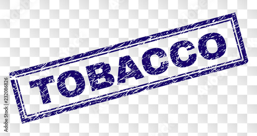 TOBACCO stamp seal watermark with rubber print style and double framed rectangle shape. Stamp is placed on a transparent background. Blue vector rubber print of TOBACCO title with unclean texture.