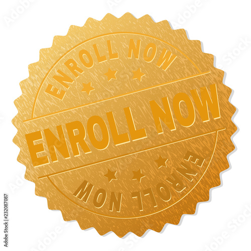 ENROLL NOW gold stamp badge. Vector golden medal with ENROLL NOW text. Text labels are placed between parallel lines and on circle. Golden skin has metallic texture.