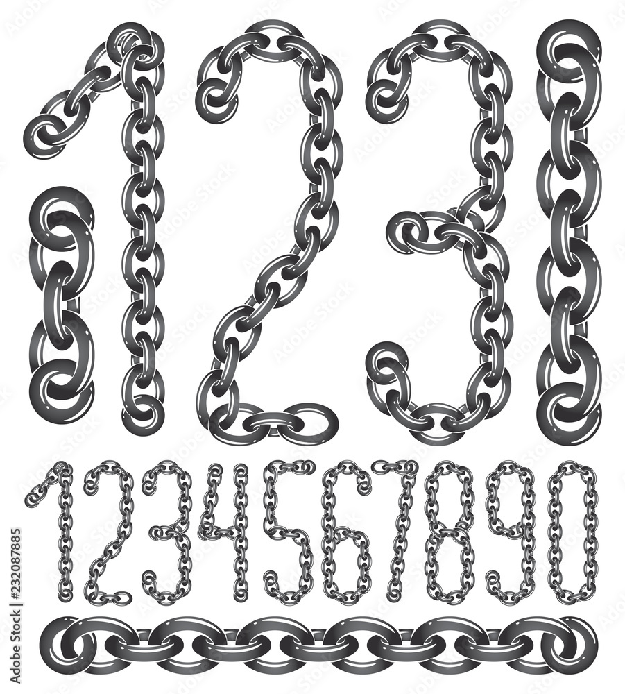 Set of vector numerals from 0 to 9. Elegant numbers for use as poster design elements. Created using metal connected chain link