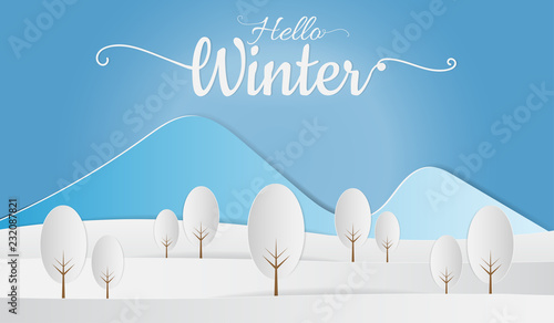Paper art of landscape with village in winter snow forest, Hello Winter