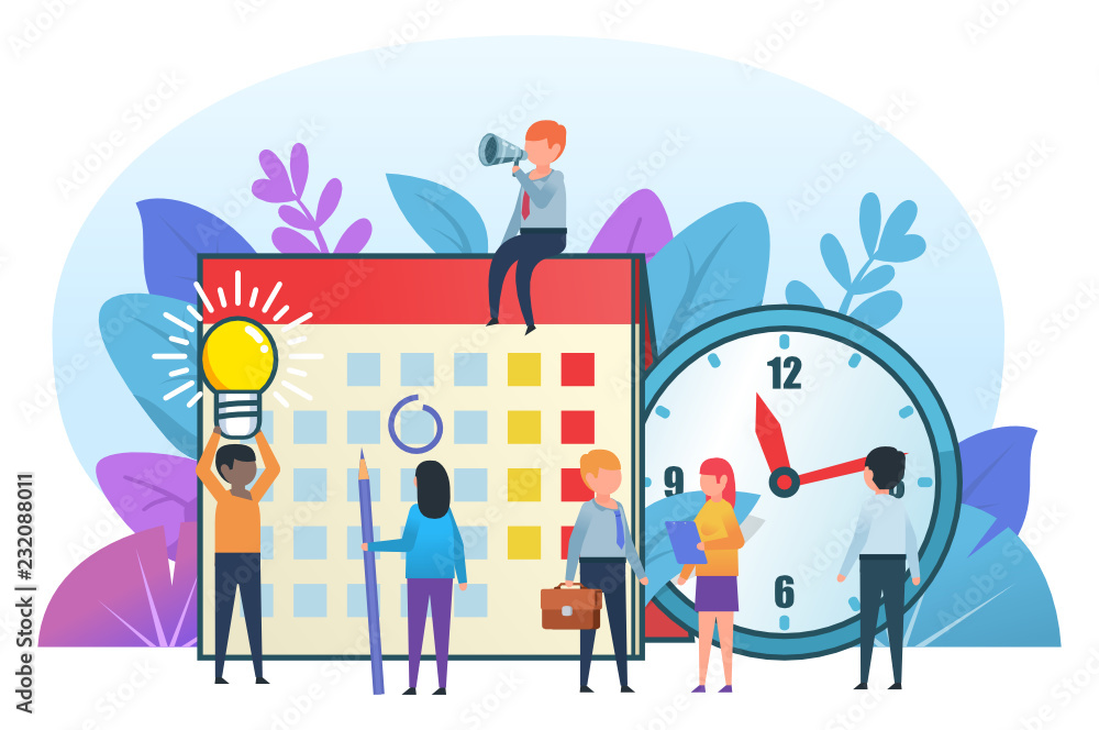 Small cute people standing near big calendar and clock. Successful