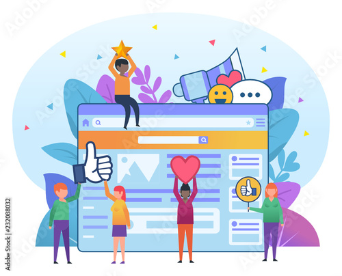 Small cute people standing near big web page and holding various social media icons. Successful social media management, team. Flat design vector illustration