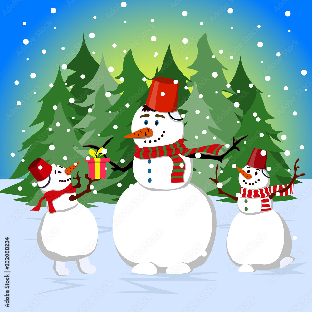 Happy family of snowmen near the forest on Christmas Eve. Illustration in flat style.