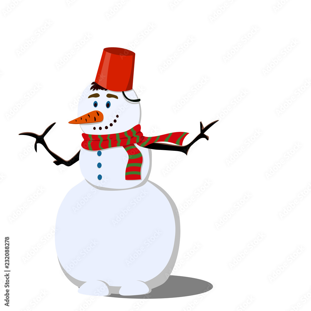 Happy snowman in a striped scarf on the eve of Christmas. Illustration in flat style. Happy snowman in a striped scarf on the eve of Christmas. Illustration in flat style.